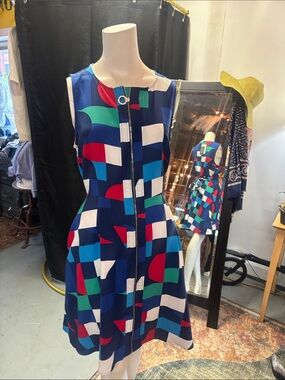Tommy Hilfiger Navy Geometric Zip-Front Midi Dress with Multi-Color Blocks